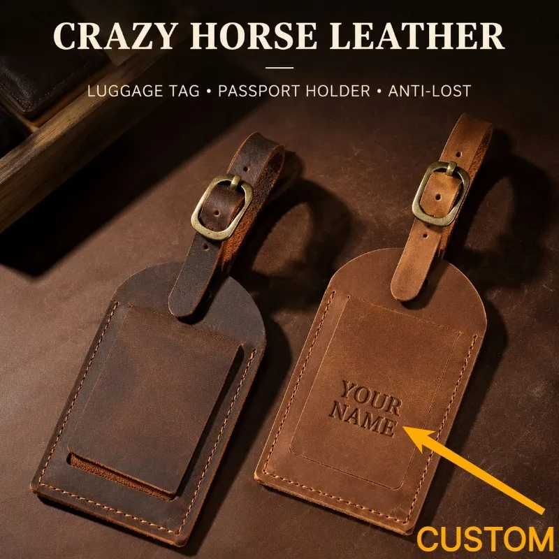 Crazy Horse Leather Luggage Tag Passport Holder Anti-Lost Travel ID Tag Boarding Suitcase Name Tag Keychain Custom Engraved