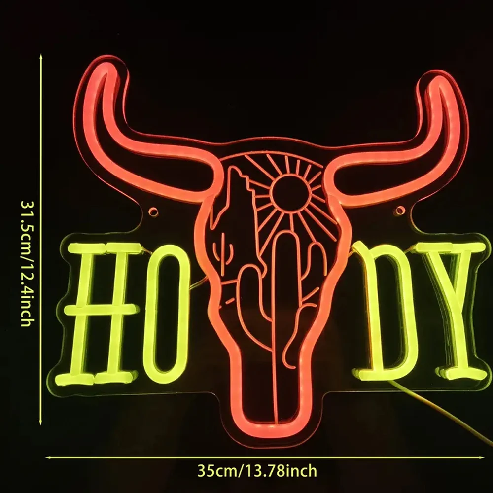 ضوء علامة النيون Howdy Ox، ديكور غرفة رعاة البقر الجمالية Preppy، للمنزل نادي الكهف مطعم حفلة عيد ميلاد الفن الجدار الشنق