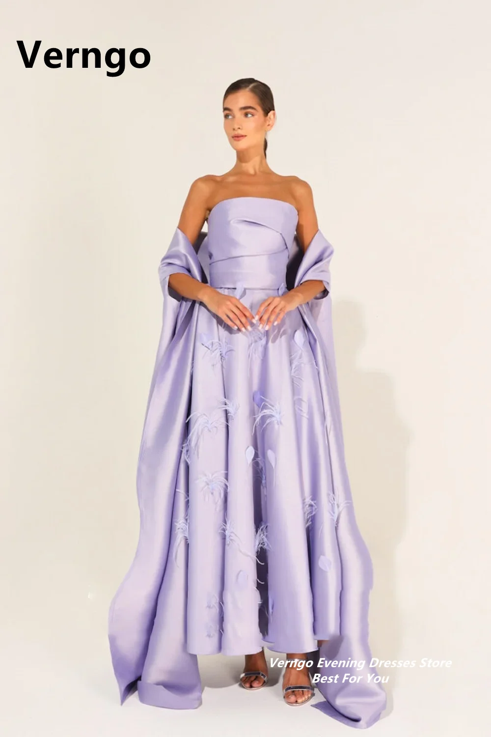 Verngo Pink Feather Long Party Dresses Strapless A Line Evening Gowns For Women Elegant Prom Gowns Ankle Length Formal Dress