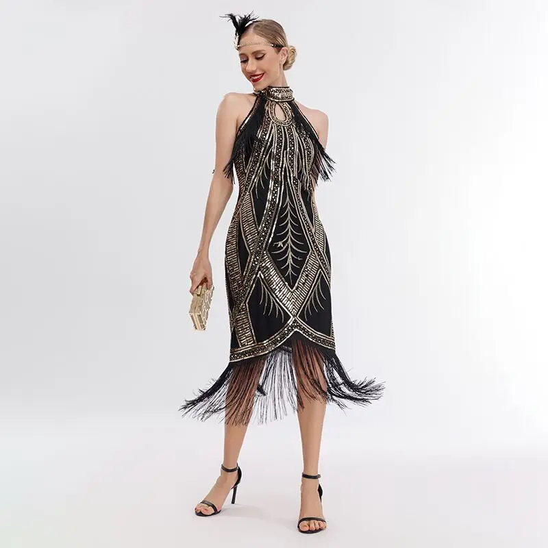 Feminino vintage 1920 grande gatsby festa flapper vestido pendurado pescoço colarinho sem mangas borlas lantejoulas vestidos de noite senhora vestido