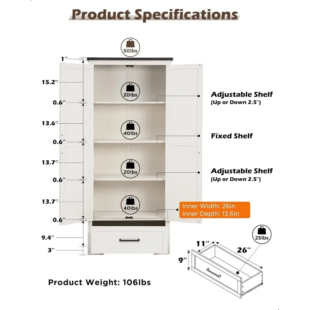 Dispensa da cucina alta 72 "con ripiani regolabili, armadio portaoggetti rustico in legno con cassetti e porte da fienile