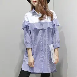 Korean Striped Midi Shirt Printed Stylish Ruffles Spliced Spring Summer Casual 3/4 Sleeve Female Clothing Single-breasted Blouse