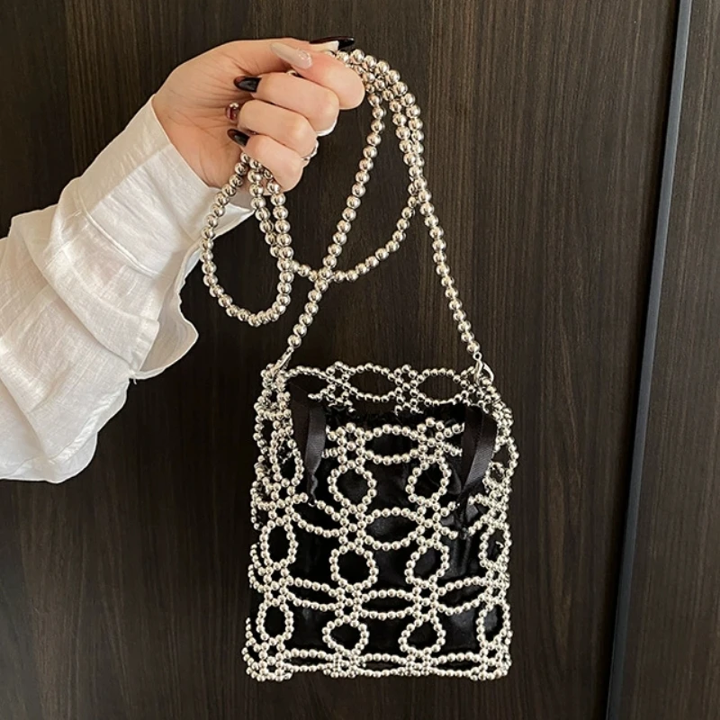

Летняя сумка-кроссбоди ручной работы с бисером и жемчугом, ажурная, с внутренним карманом на шнурке, модная мини-сумка для телефона на одно плечо