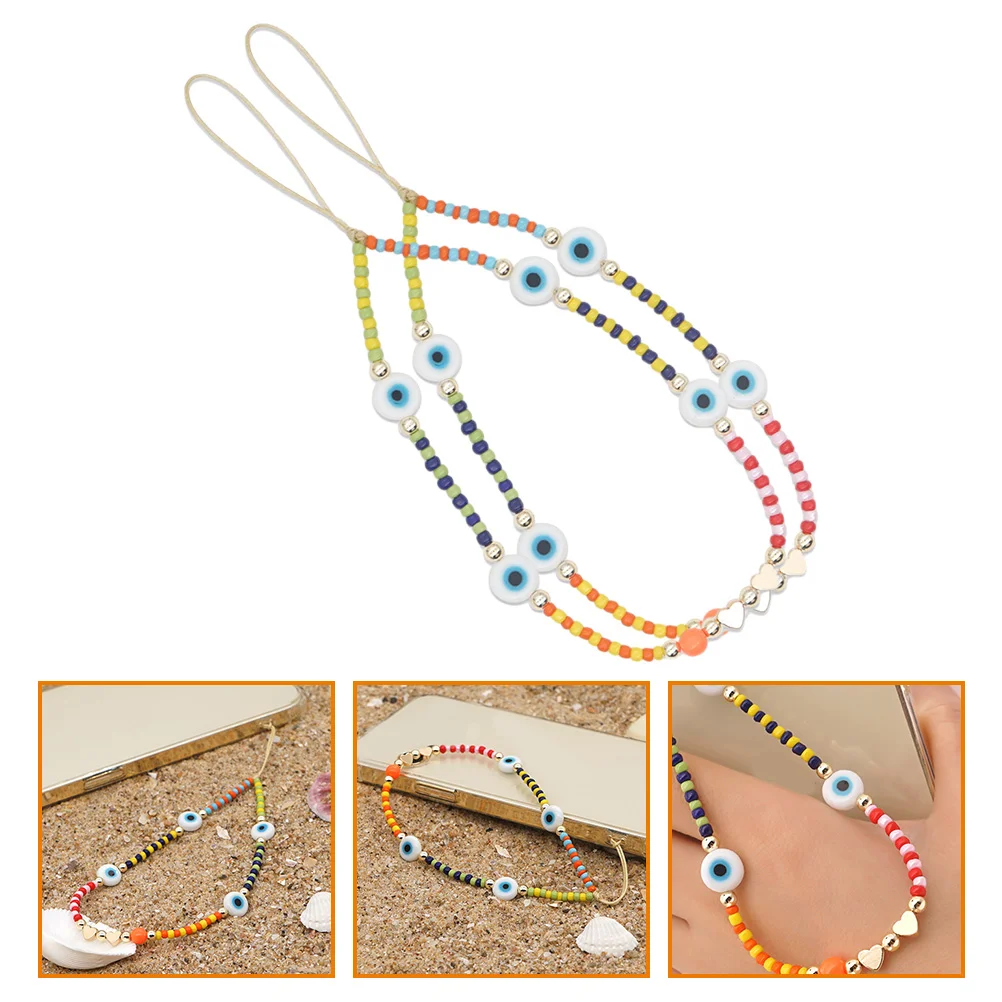 2 Pcs Phone Wrist Lanyard Beaded Strap Lanyards for Keys Chain Evil Eye Cellphone Charm Creative Wristlet Mobile