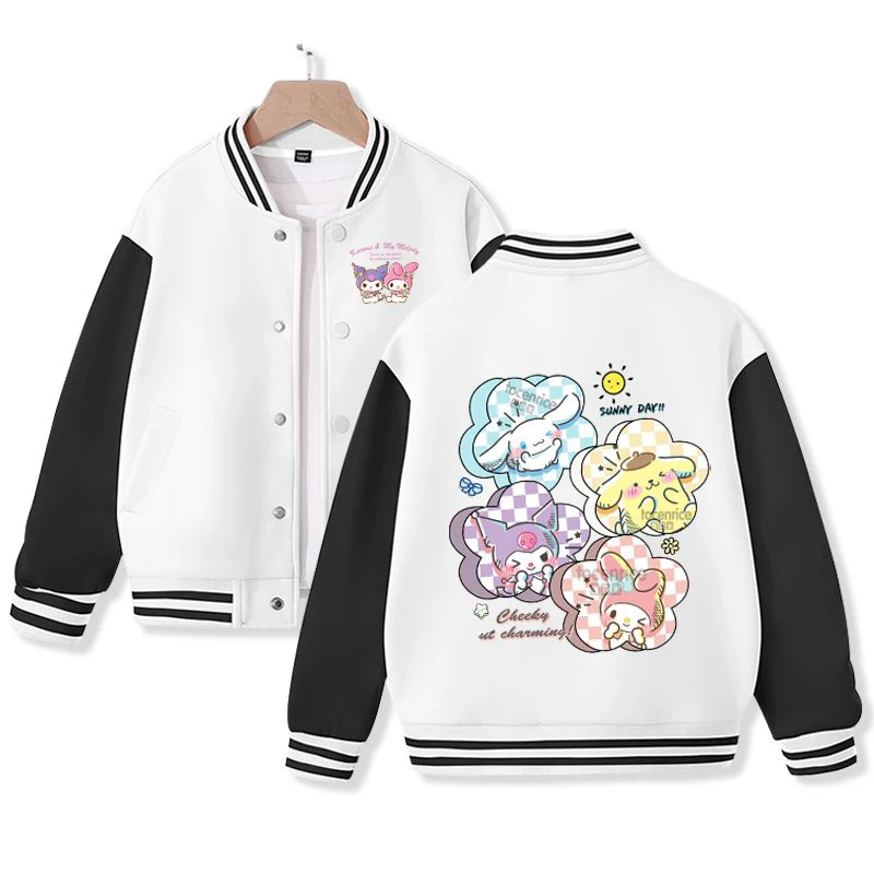 Kawaii Sanrioed Children's Autumn New Loose Coat Cute Cartoon My Melody Cinnamoroll Pompom Purins Versatile Baseball Jacket Top