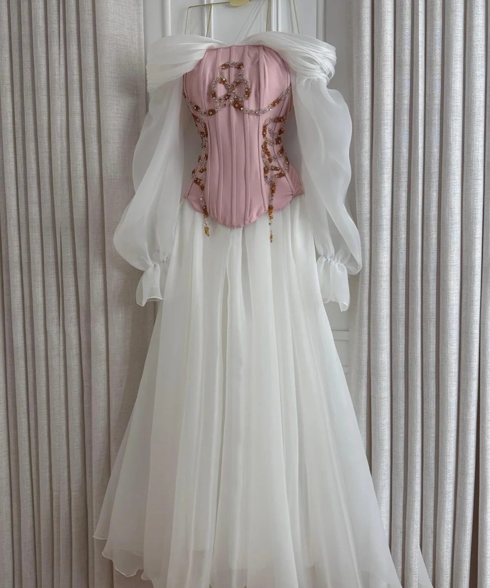 

Customized Fashion Chiffon Pleat Sequined A-line Off-the-shoulder Long Evening Dresses Luxury Chinese Style