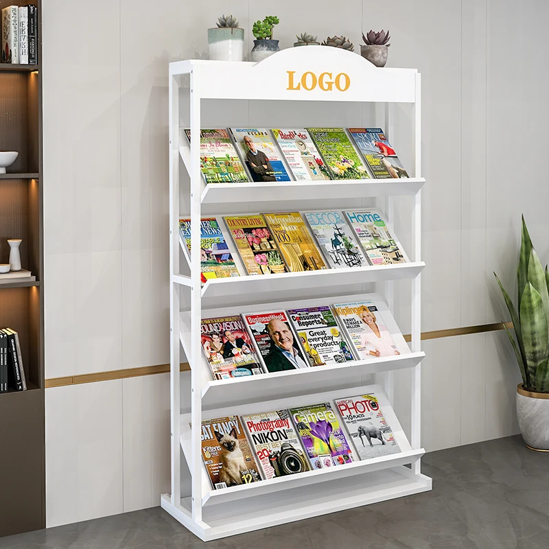 Newspaper rack Magazine Floor-to-ceiling wooden book Office shelf Storage Promotional materials Bevel display rack