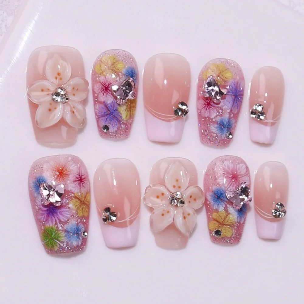 

10pcs Colorful Flower Handmade Fake Nail Tips Rhinestone Design Short Ballet False Nail Art White French Wearable Press on Nails