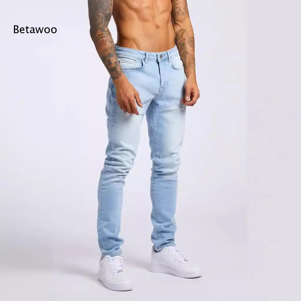 Light Blue Slim Skinny Jeans For Men Washed Denim Material Standard Five Pockets Casual Bottoms For Everyday Street Style