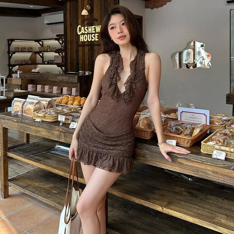 

2025 Women Mini Dress Spring Fashion Women's New Halter Bareback Slim Fit Solid Color Ruffle Edge Backless Dress