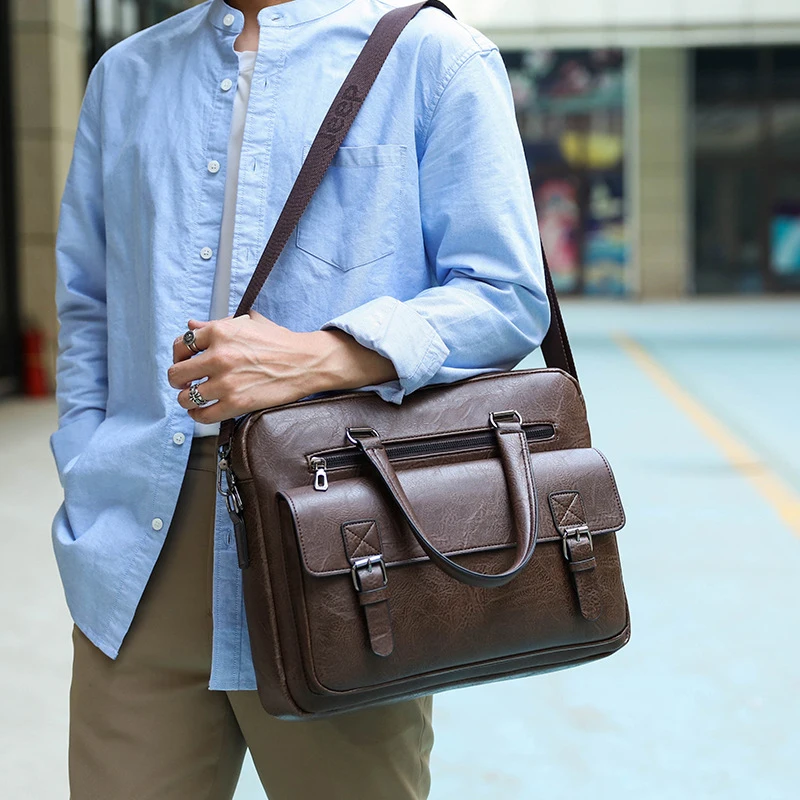 Briefcase Bag for Man PU Leather Vintage Handbags Computer Laptop 14 Shoulder Business Messenger Portfolio Crossbody Bag Male