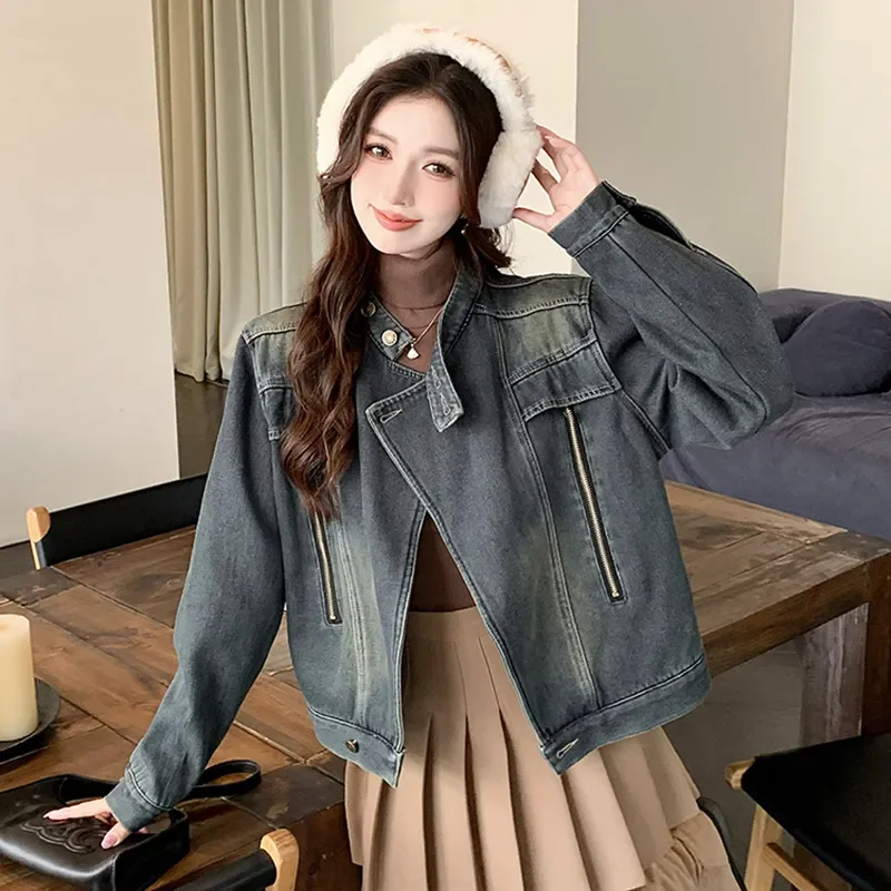 

Fashion Stand-Up Collar Denim Jacket Women New Autumn Winter Vintage Long Sleeves Jeans Coat Female Loose Cowboy Clothes T1437