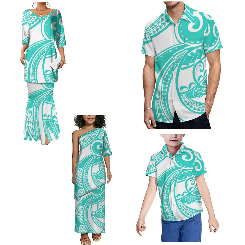 Polynesian Women Puletasi Girls Puletasi Men Shirt Boys Shirt Family Party Custom Wholesale Set 2025 New Girls Dress