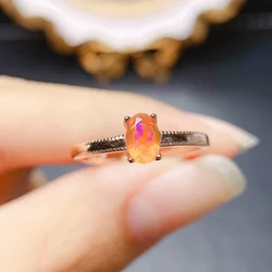 925 Sterling Silver Dainty Ring Natural Orange Fire Opal Ring For Women Simple Silver Ring Gift