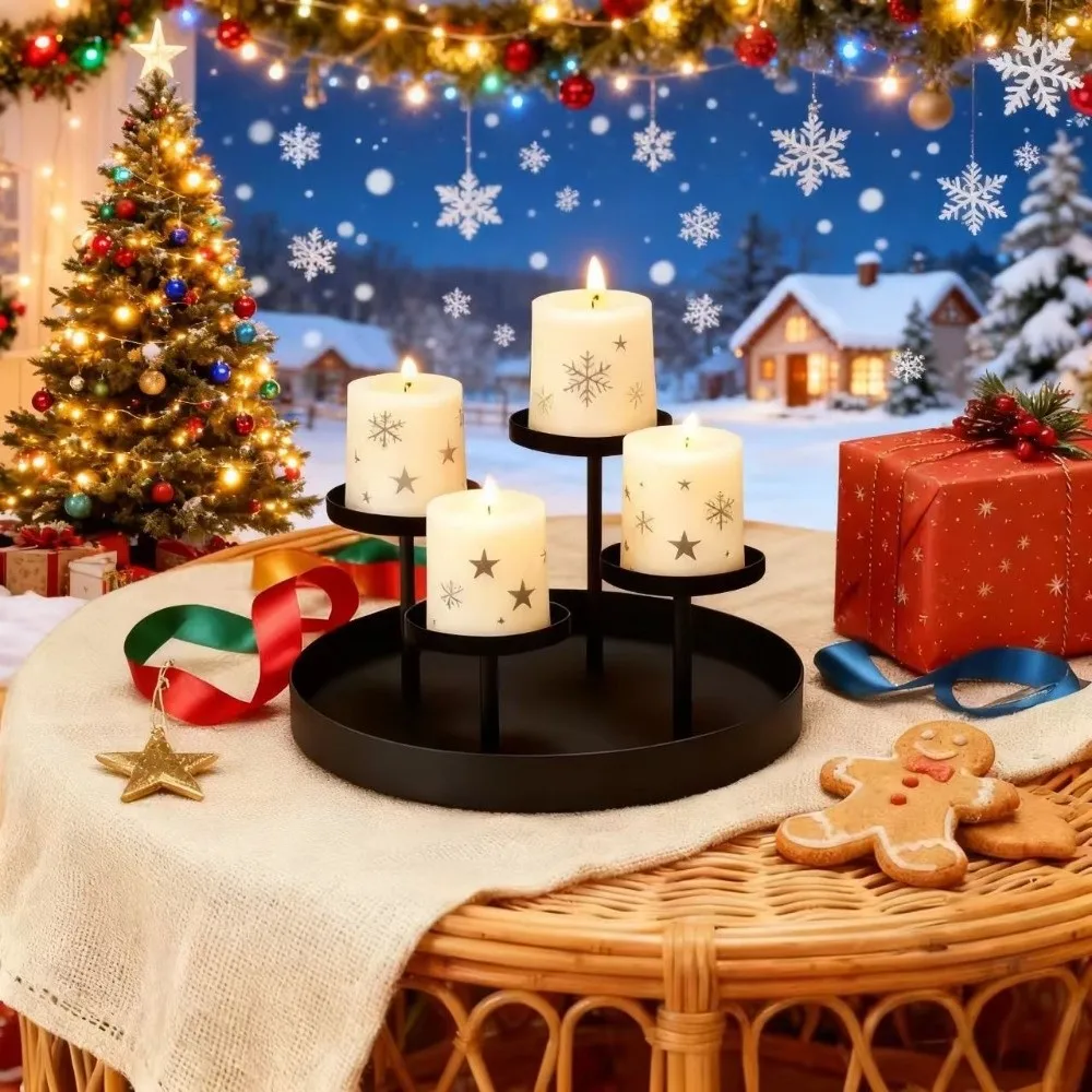 Modern 4-Head Candle Holder Matte Black with Drip Tray Metal Candelabra Pillar Candlestick for Party Table Centerpiece Decor