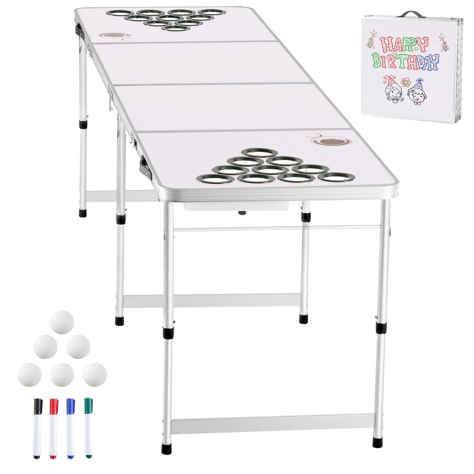 8 Foot Portable Beer Pong Table, Folding Tailgate Table, Cup Holes, Dry Erase Markers and Carrying Handles, Adjustable Height, Lightweight Table for Office, Tailgate Party & Camping, White