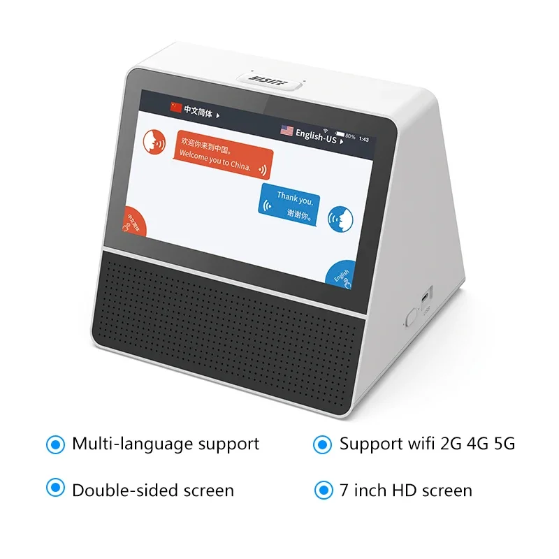 Dual-screen voice translator for 118 languages in international business meetings