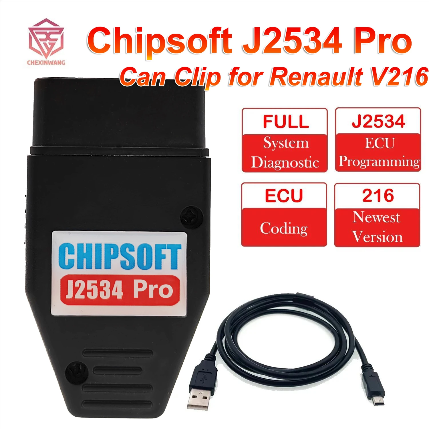

Автомобильный диагностический прибор Chipsoft J2534 Pro для Renault Can Clip V216 VCI OBD2, кабели и разъемы J2534, программируемое кодирование ECU