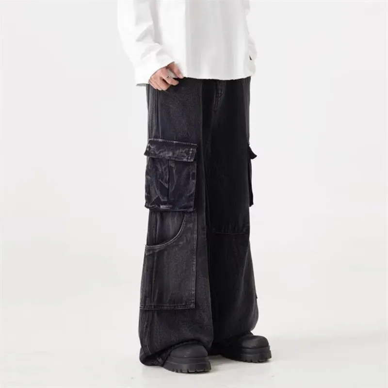 2025 아메리칸 레트로 Y2K 스트리트웨어 워시드 블랙 배기 카고 진 남성 의류 와이드 레그 스트레이트 바지 로파 옴브레