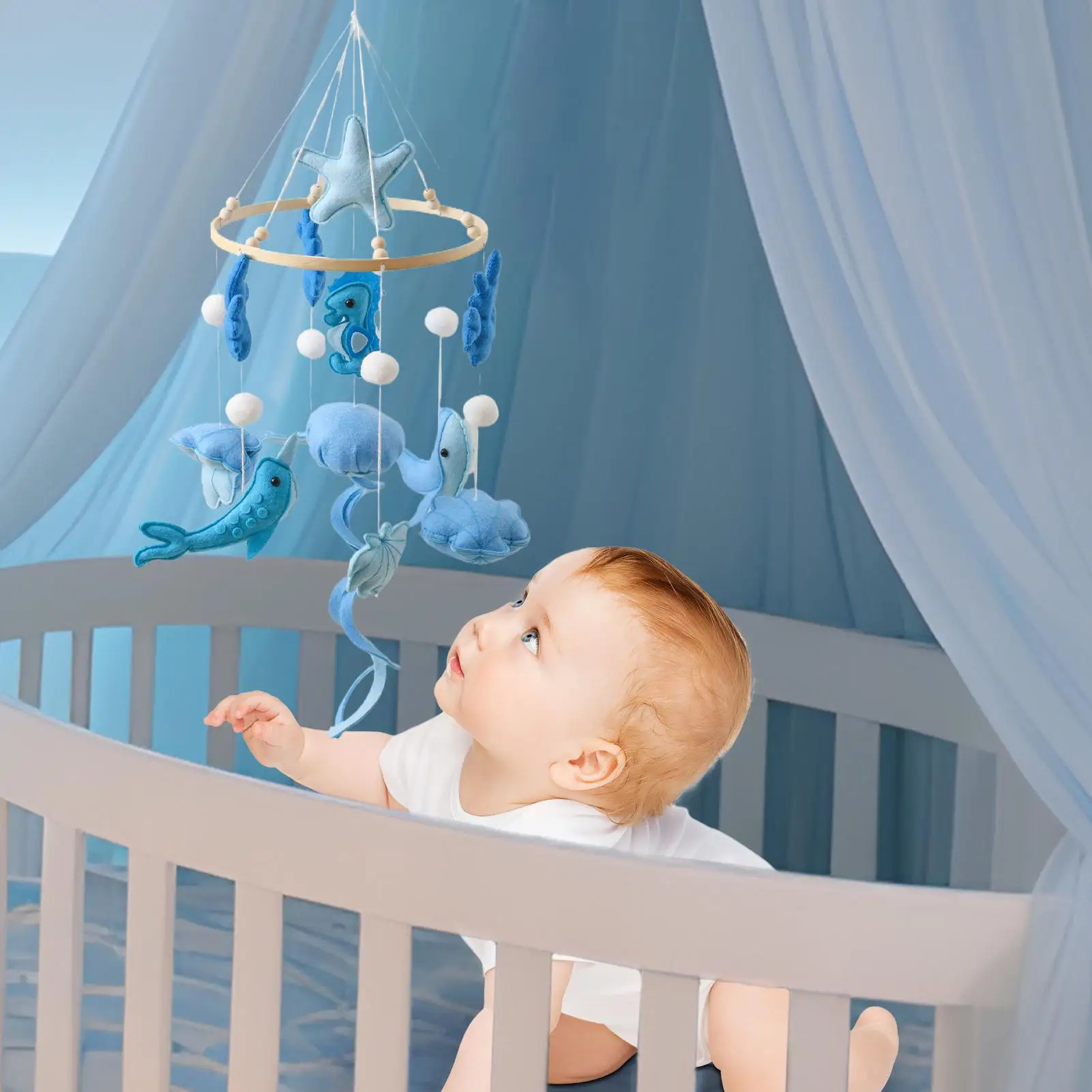 Babymobiel voor wieg Handgemaakte wieg Mobiel marien thema Rustgevende bedbel Ophangbaar voor plafonddecorateurs Jongens Meisjes Foto
