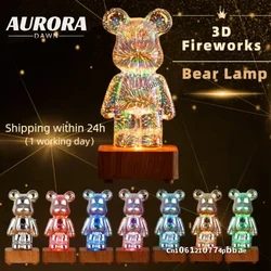 Luz de noche de oso de fuegos artificiales 3D, decoración de escritorio, enchufe USB, lámpara de mesa Led, ambiente de Corea, decoración colorida Linda para el hogar, proyección de habitación