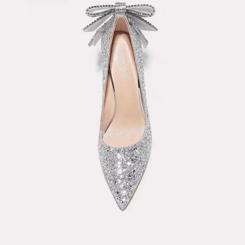 Francuskie buty ślubne kobiety srebrne buty na wysokim obcasie sukienka z cekinami czółenka elegancka wiosenna Rhinestone kokardka słodkie