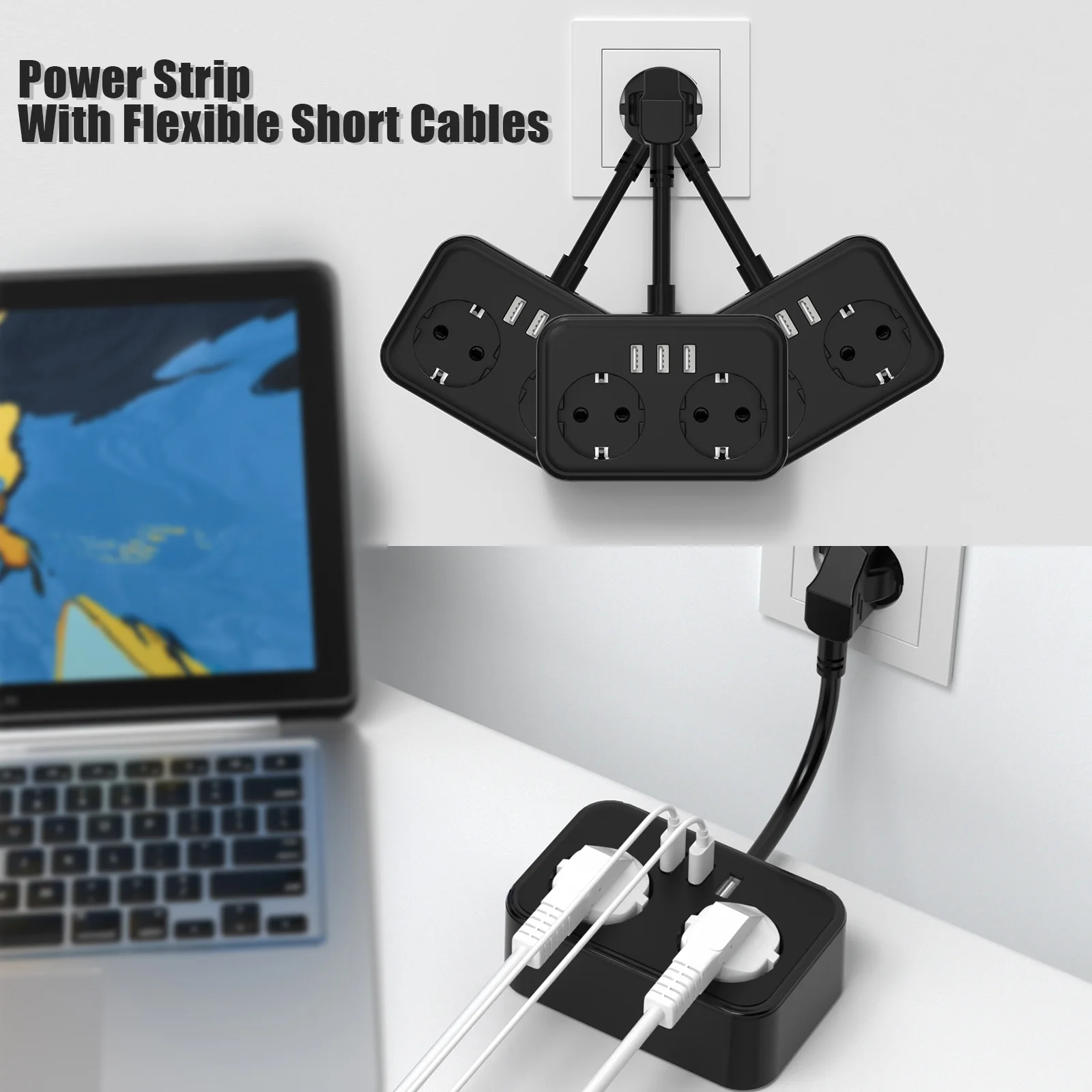 Power Strip With USB, 2 Compartments Power Strip With 3 USB Ports, 5 In 1 Socket Adapter, Wall Socket With Flexible Cable