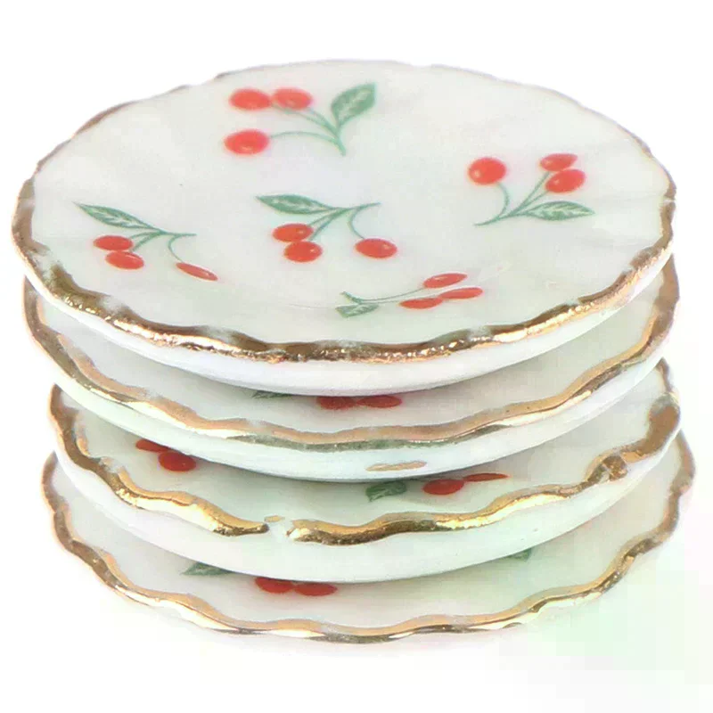 Miniatures Cherry Dishes Plate Tableware Kitchen Accessory 4pcs 1:12 Dollhouse
