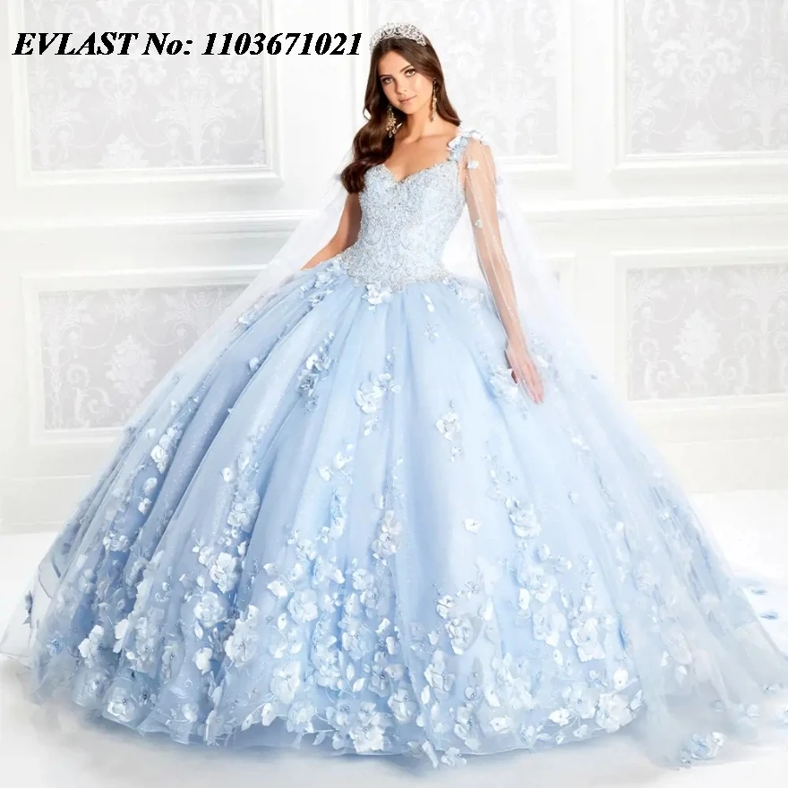 EVLAST-vestido para quinceañeras, color verde menta, vestido De baile con apliques florales 3D con cuentas y lazo para capa, dulce 16 Vestidos De 15 Anos SQ222