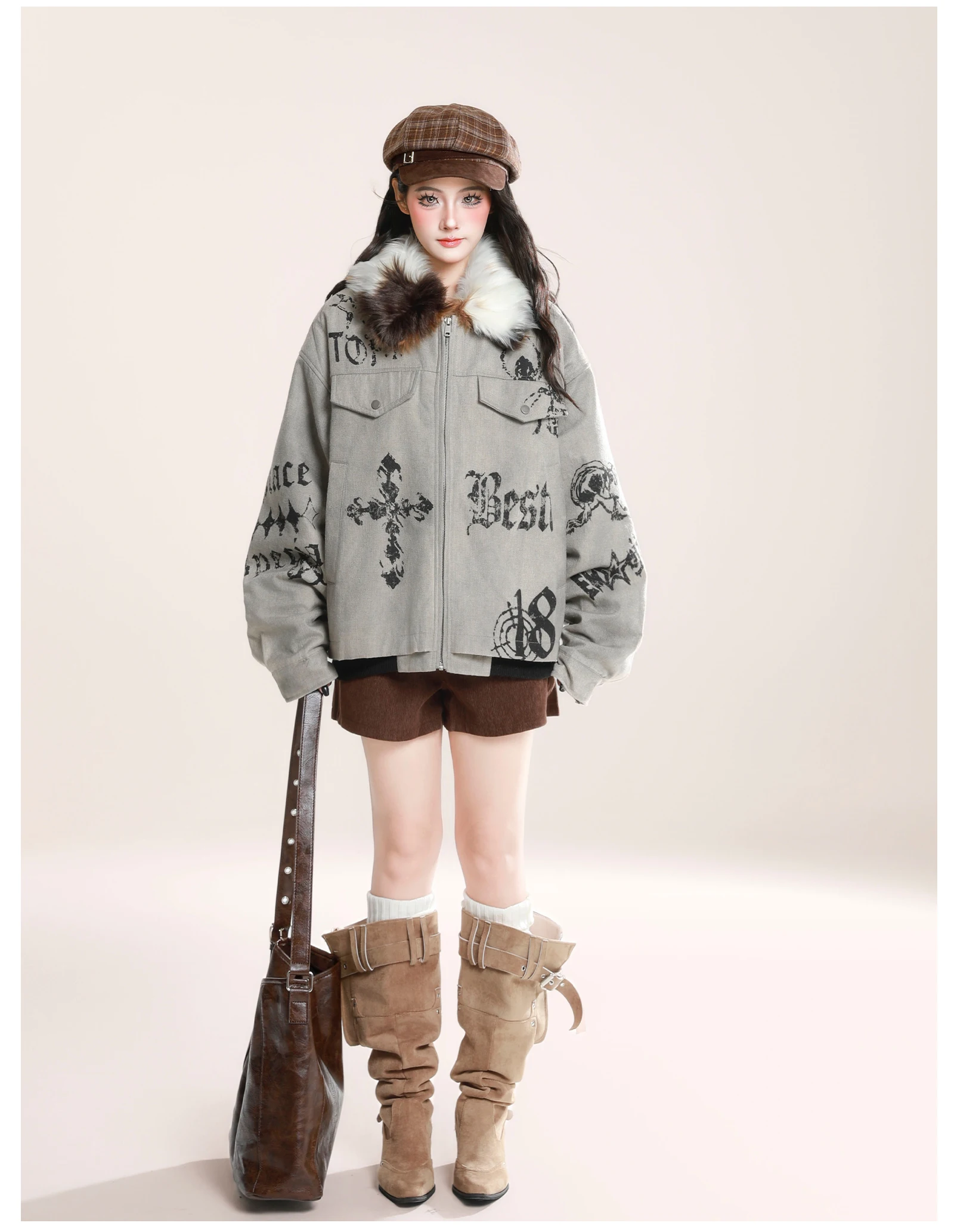 خريف شتاء جديد الأمريكية الرجعية المرأة الشرير القوطية طباعة فضفاضة عادية الأصفر الفراء طوق وسادة مبطنة السراويل البني #5