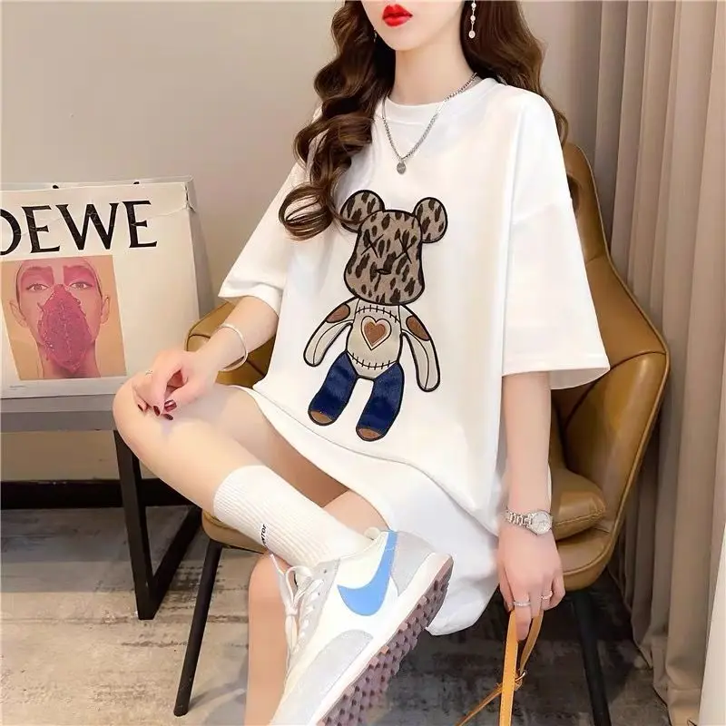 Mid Length Version Solid Color T-Shirts Ladies Casual Pullovers O-neck Summer Printing Women\'s Clothing Loose Short Sleeve 2024