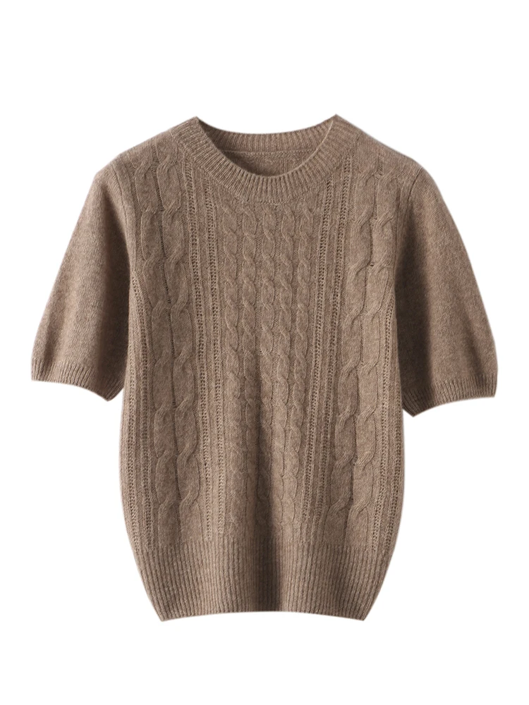 High-end Women Cashmere Sweaters O-neck Half-Sleeve Twist Pullover T-shirt 100% Cashmere Knitwear Spring Summer Female Tops