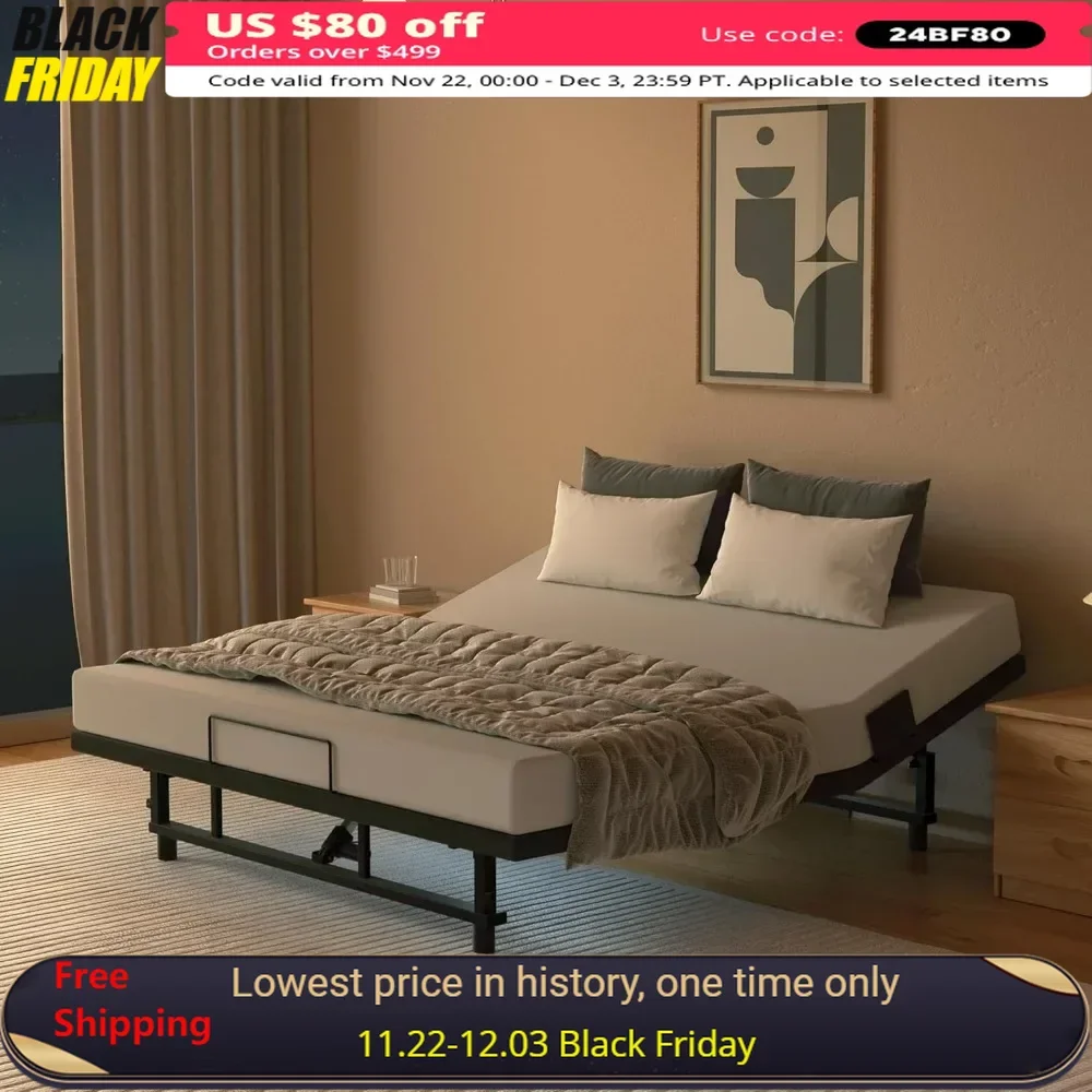 King Adjustable Bed Frame, Wireless Control, Under Bed Lighting, USB Station, Mattress Retaining Bar, Anti-Sliping Suede Cover