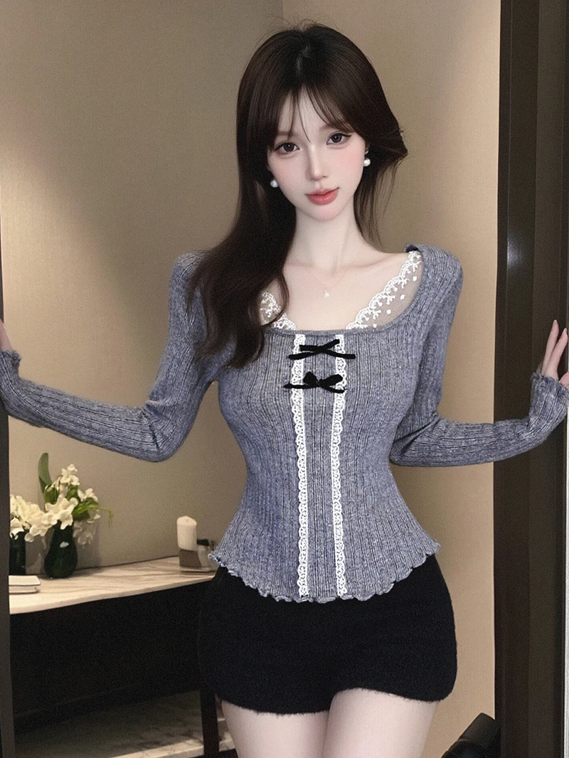 

Autumn Winter Long Sve Lace Splicing Knitted Top Women's Knot Square Collar Inner Wear Base irt Slim Fit Sle