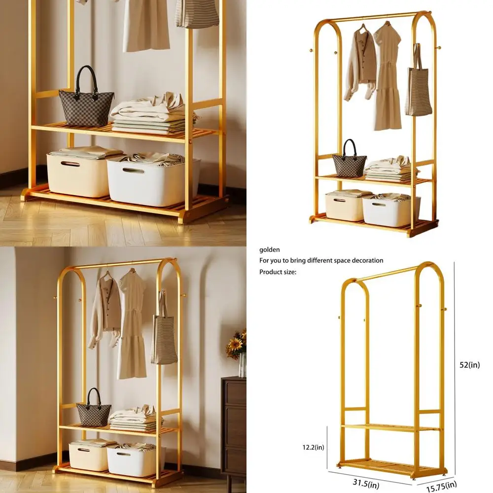 

Metal Clothing Rack with Bottom Shelves and 6 Side Hooks - Sturdy Hanging Organizer for Wardrobe or Boutique