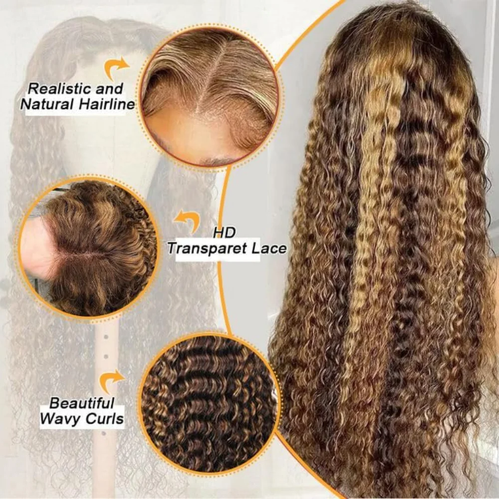 HD Lace Frontal Wig 4/27 Honey Blonde Highlight Deep Wave Human Hair 30 32 Inches 200 Density 5x5 13x4 Lace Wig For Black Women