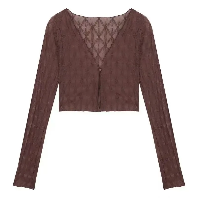

New 2025 Summer/spring Cardigans Women V-neck Solid Long Sleeve Slim Chiffon Blouse Woman