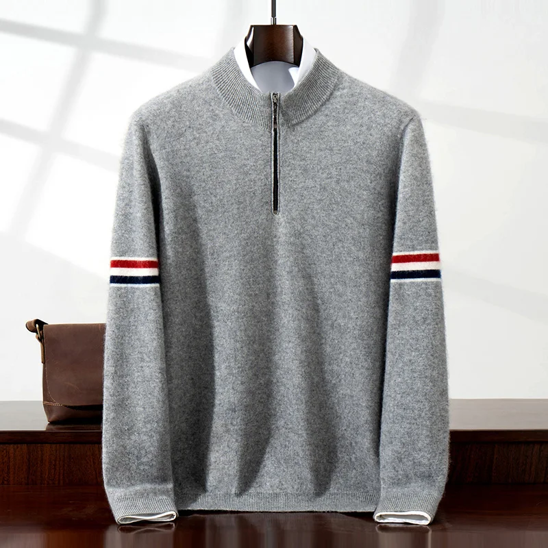 

100% кашемировый свитер, мужской свитер, красочный рукав, молния, полукардиган, утолщенный вязаный свитер, теплый повседневный базовый пуловер