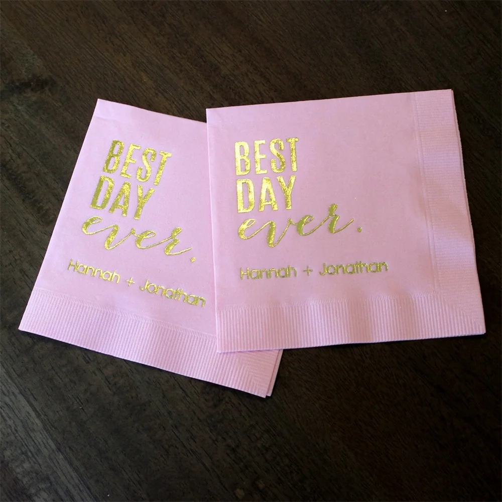 Custom Best Day Ever Wedding Reception Cocktail Napkins, Personalized Cake Table Napkins, Printed Cocktail Hour Beverage Napkin,