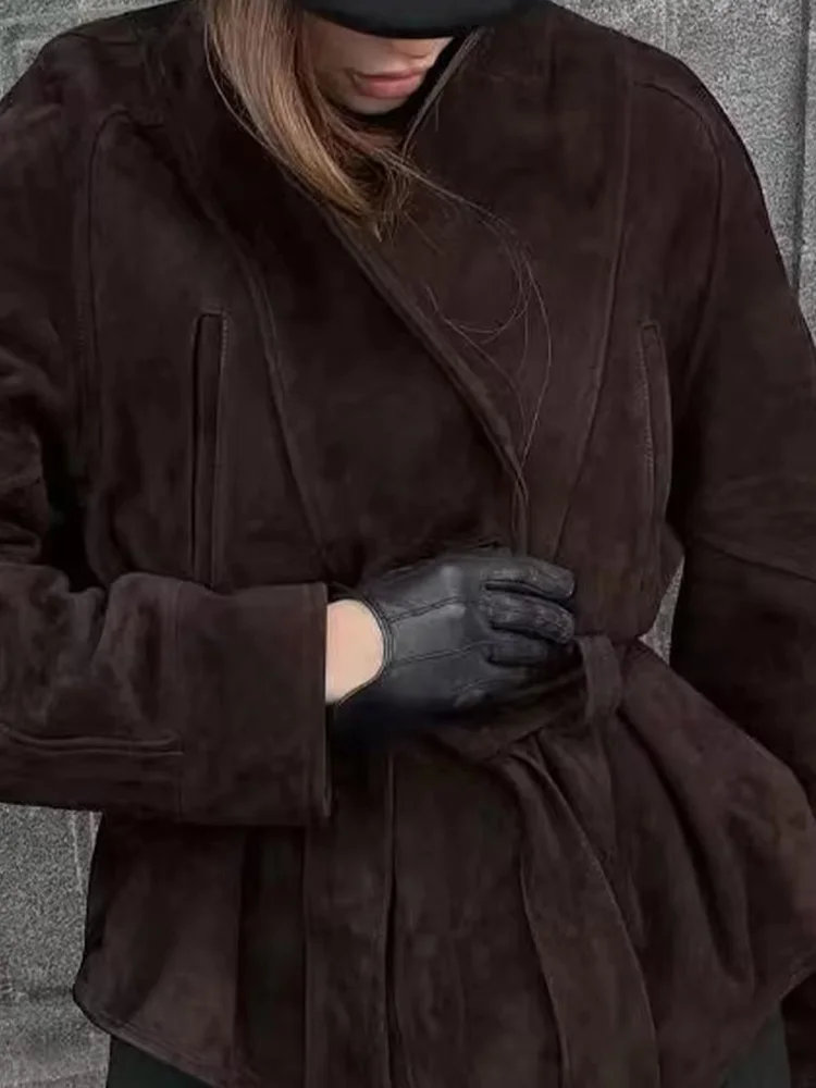 

HH женская осенняя новая однотонная куртка с лацканами и поясом с карманами и длинными рукавами, женская замшевая текстура, повседневные пальто High Street Mujer