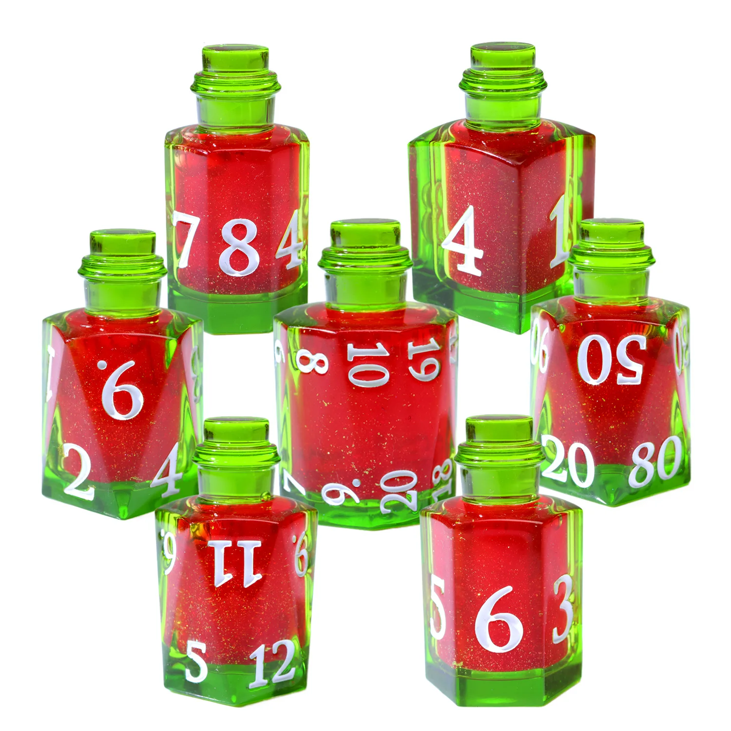 

Potion Bottle Liquid Core DND Dice Set, Dynamic Red Glitter in Green Resin Polyhedral RPG Dice for Dungeons and Dragons-Bottle9