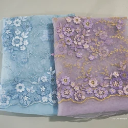 High Quality Violet Purple 2D Appliqued Embroidery Tulle Mesh Lace Fabric Purple, Pink, Blue