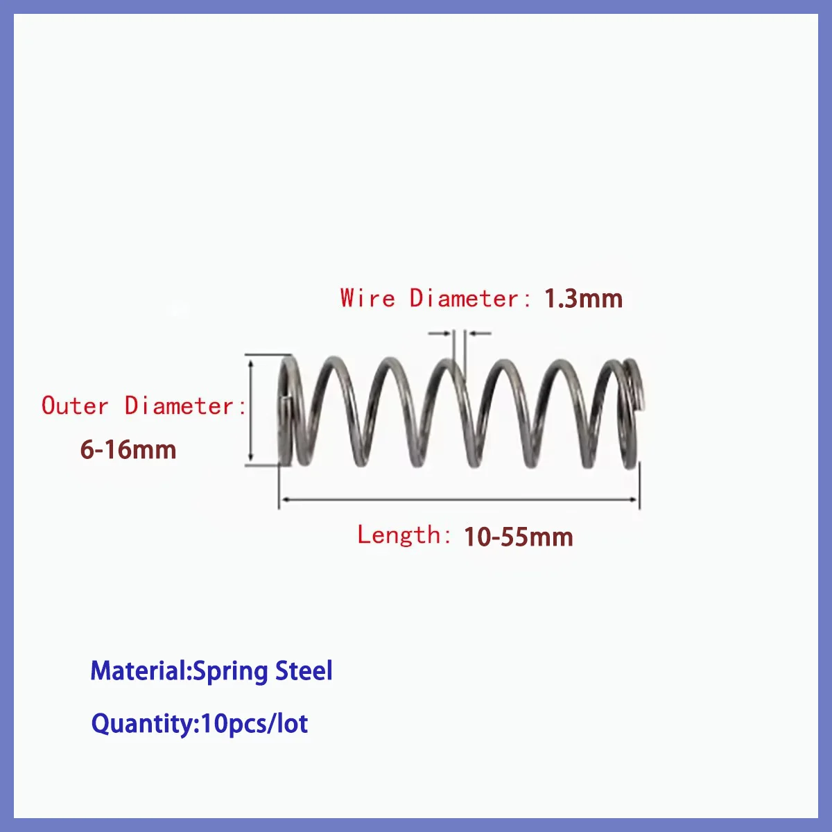 Federstahl-Druckfeder, Drahtdurchmesser 1,3 mm, Außendurchmesser 6–16 mm, Länge 10–55 m, Druckfedern, hochelastische Schwärzungsfeder