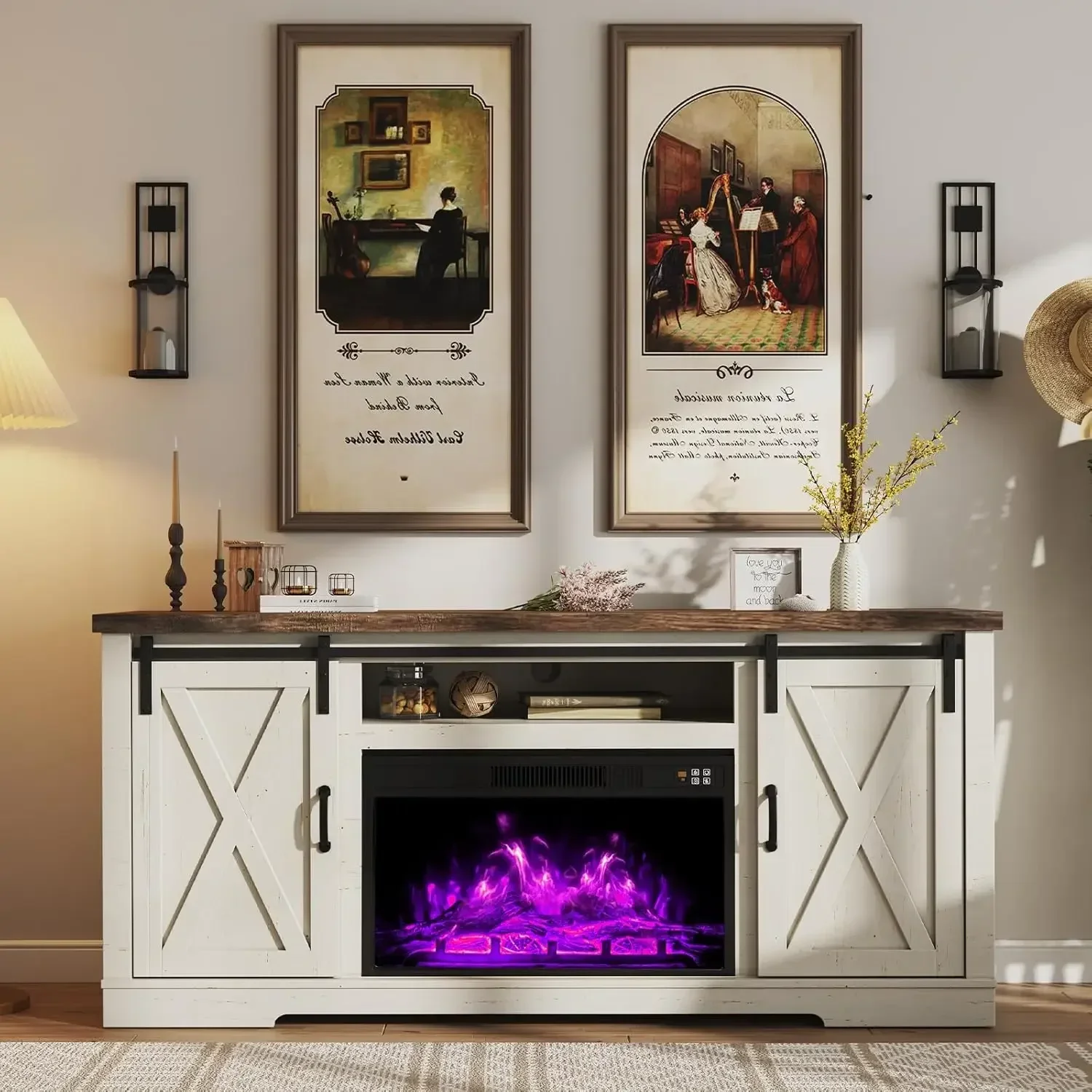 

Fireplace TV Stand TVs up to 73", Farmhouse 63" Fireplace Entertainment Center Adjustable Shelves, Distressed White & Barnwood