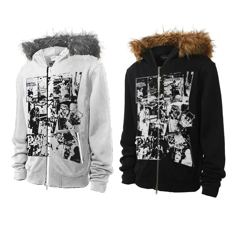 

Autumn Winter American Rock Print Hoodie Unisex Fur Collar Zipper Cardigan Street Casual Style Top Cotton Long Sleeve Coat