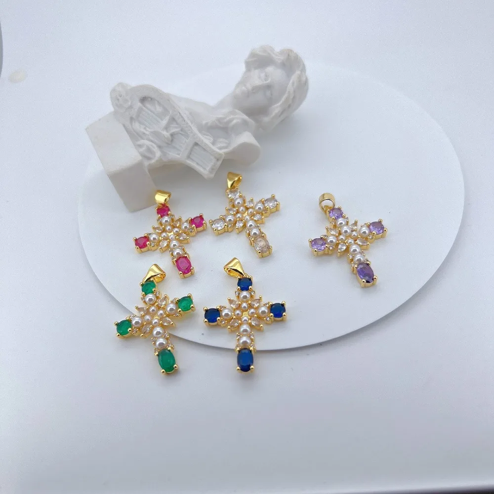 1 Pcs Pendant Only for Diy Necklace Accessories Pearl Cross Copper Gold Plating Luxury Charm Inlay Large Zircon Parts Wholesale