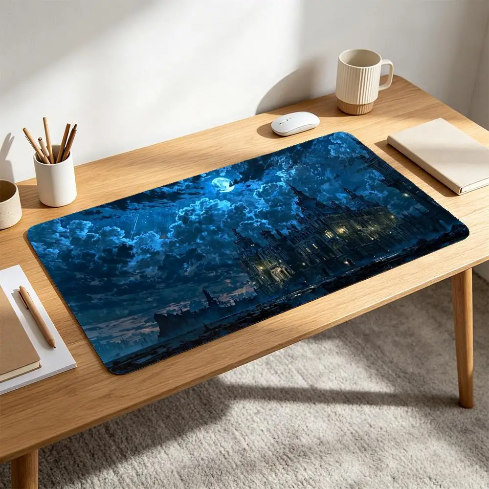 Aesthetic Dark Fantasy Mysterious Gothic Castle Blue Full Moon Star Cloud Meteor Night Scenery Anti‑Slip Rubber Gaming Desk Mat