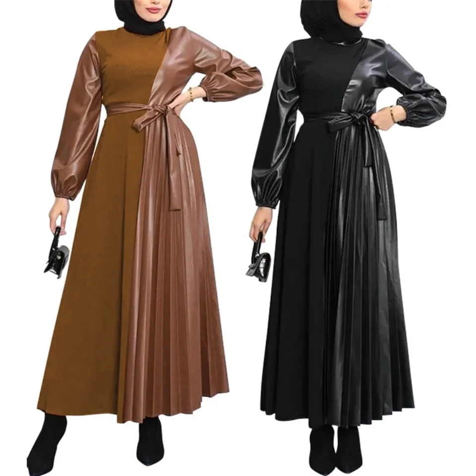 

Elegant Women's Dress Muslim Solid Color Pleated Long Style Spliced Belt Maxi Dresses