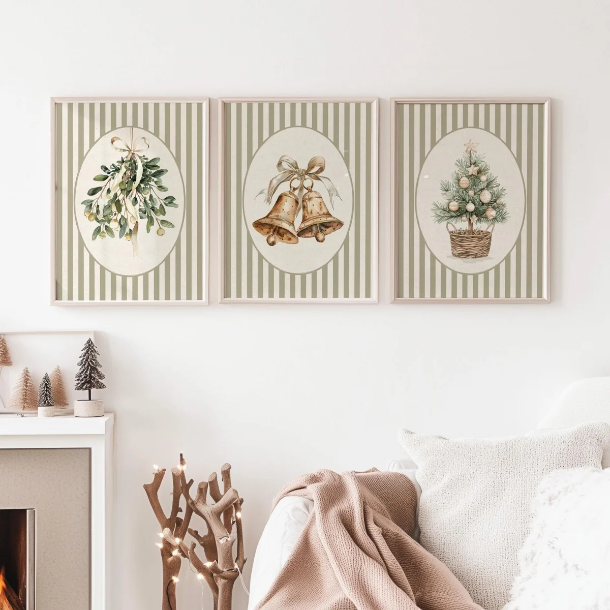 3pcs/set Rustic Vintage Christmas Canvas Prints Poster Cottagecore Mistletoe Tree Bells Winter Art Prints Holiday Home Decor