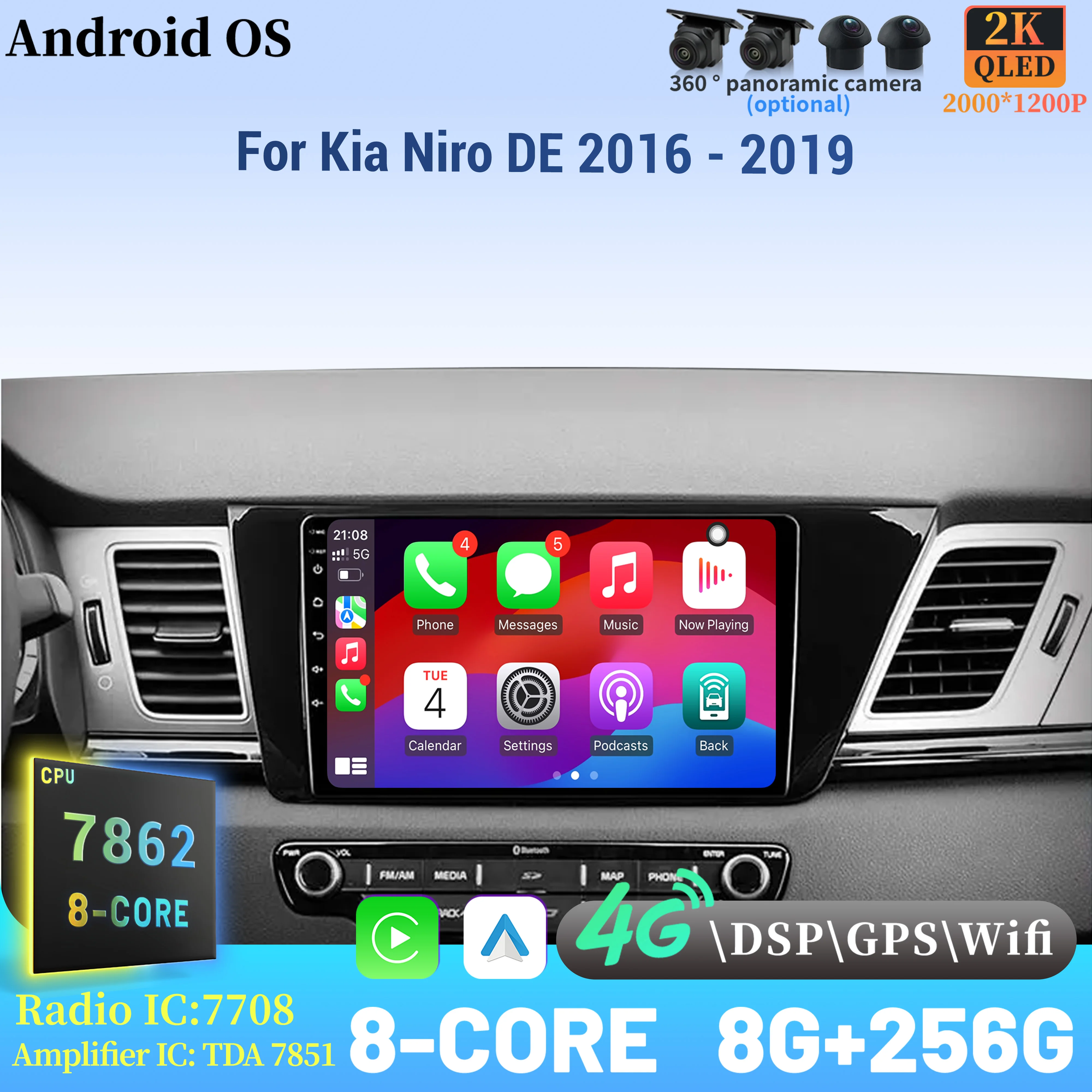 

Android 14 Radio Car Multimedia Player 7862 8+256 radio Touch 2K QLED Screen For Kia Niro DE 2016 - 2019 Wireless BT CarPlay